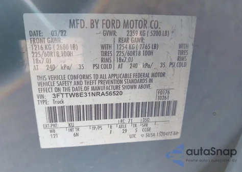 2022 Ford Maverick Lariat z USA, uszkodzony, nr VIN 3FTTW8E31NRA56520